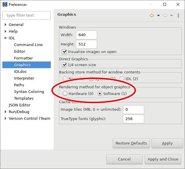 IDL Preferences Window - Software Rendering A screenshot highlighting the location of the "software rendering" option in the IDL GUI.