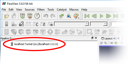 ParaView Pipeline Browser, Connected to Server A screenshot highlighting the named server connection in the Pipeline Browser within ParaView.