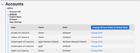 A view of cjohns' host settings with links to edit each host and a link to revert all hosts' shells back to default.