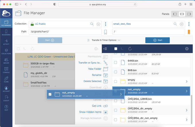 Drag and drop file from source to destination Globus Drag-n-drop
