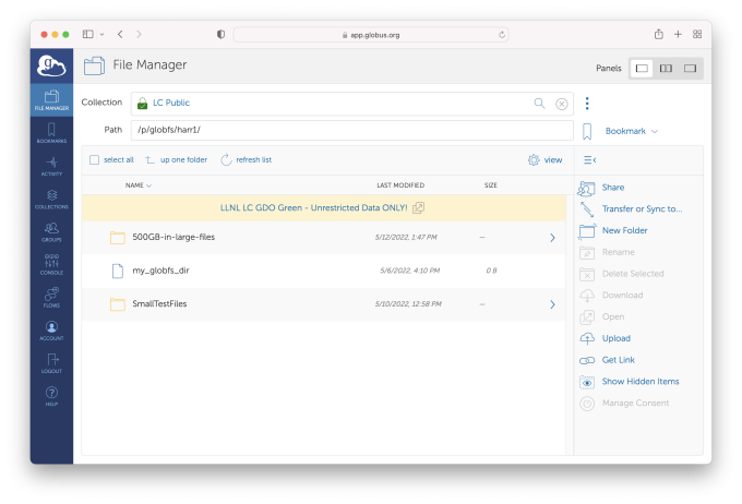 Sample directory listing of user's data sharing directory Globus File Manager listing