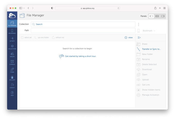 Default view of Globus File Manager Globus File Manager