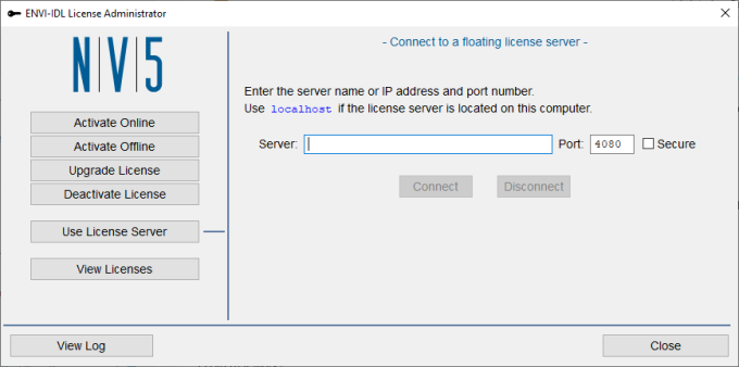 Connecting to the License Server A screenshot of the ENVI-IDL License Administrator showing where to configure the license server connection.