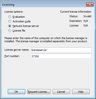 Network License Setup Window Example of Network License Setup Window
