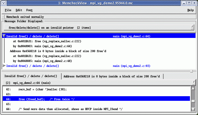 Figure 4. Invalid free on line 64 of a buffer already freed on line 48 of mpi_vg_demo2.c. Invalid free on line 64 of a buffer already freed on line 48 of mpi_vg_demo2.c.