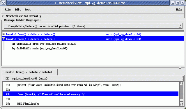 Figure 5. Invalid free on line 93 of an address that was not allocated using malloc. Invalid free on line 93 of an address that was not allocated using malloc.