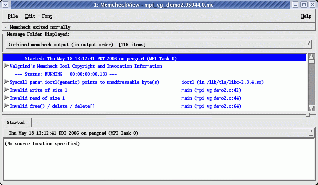 Figure 1. Initial GUI view after running 'memcheckview mpi_vg_demo2.95944.0.mc'. Initial GUI view after running 'memcheckview mpi_vg_demo2.95944.0.mc'.