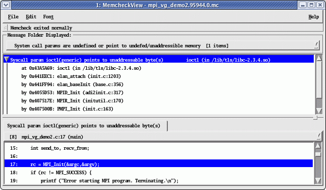 Figure 14. Messages located detected in MPI_Init and in the startup code are typically safe to ignore. Messages located detected in MPI_Init and in the startup code are typically safe to ignore.