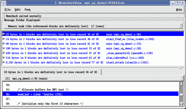 Figure 16. Memcheck detects that no pointers exist to the 20 bytes allocated on line 56. Memcheck detects that no pointers exist to the 20 bytes allocated on line 56.