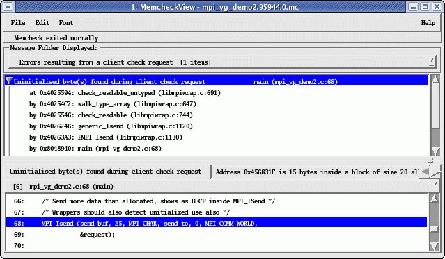 Figure 13. Partially uninitialized parameter (send_buf) caught with MPI wrapper's client check request. Partially uninitialized parameter (send_buf) caught with MPI wrapper's client check request.