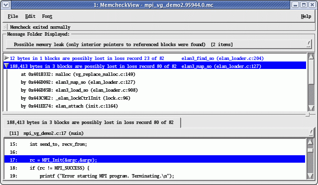 Figure 18. Memcheck detects only a pointer to the middle of a block allocated in MPI_Init. Memcheck detects only a pointer to the middle of a block allocated in MPI_Init.