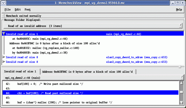 Figure 7. Read of an invalid address one byte past the end of malloced data. Read of an invalid address one byte past the end of malloced data.