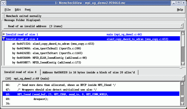 Figure 10. MPI_Isend parameters tell MPI to send more data (25 bytes) than allocated (20 bytes). MPI_Isend parameters tell MPI to send more data (25 bytes) than allocated (20 bytes).