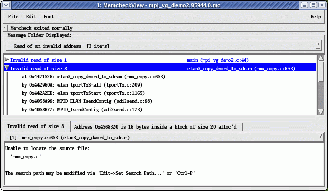 Figure 8. Invalid read in library call that will be traced back to a user code bug. Invalid read in library call that will be traced back to a user code bug.