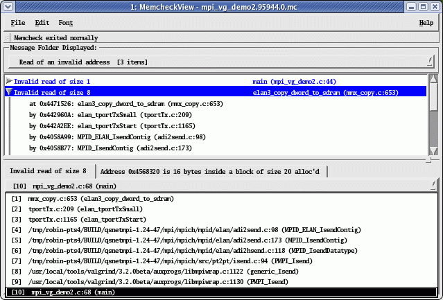 Figure 9. Call traceback combobox shown open and user's code at level [10] clicked on.