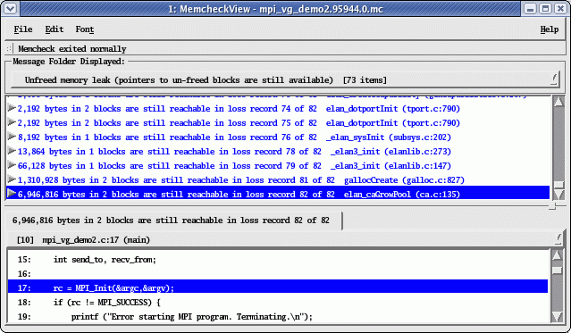 Figure 19. Memcheck reports memory that the application has chosen not to free before exiting. Memcheck reports memory that the application has chosen not to free before exiting.