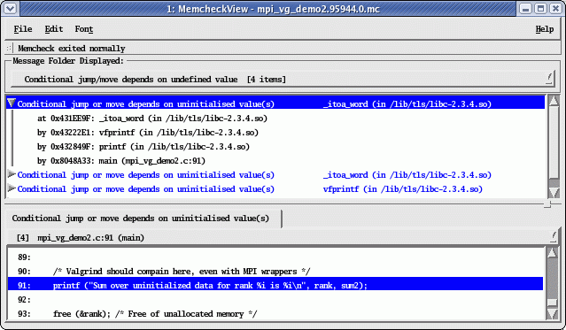 Figure 12. Uninitialized parameter (sum2) passed to printf causes several Memcheck warnings. Uninitialized parameter (sum2) passed to printf causes several Memcheck warnings.