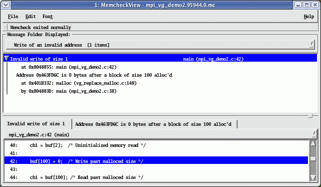 Figure 6. Write to an invalid address one byte past the end of malloced data. Write to an invalid address one byte past the end of malloced data.